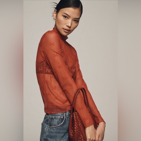 NWT! Anthropologie Maeve Red Bow Lace Turtleneck Top 🦖🦕 - Picture 2 of 10